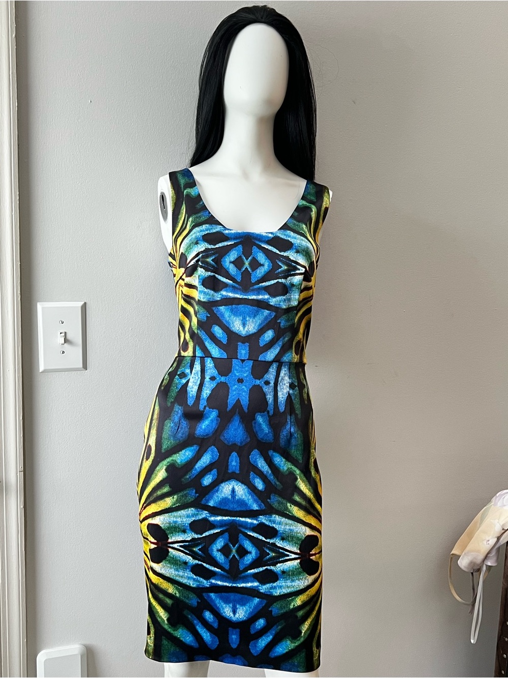 Miss Sixty Y2K Butterfly Print Stretch Bodycon Dress Blue Yellow Size 10